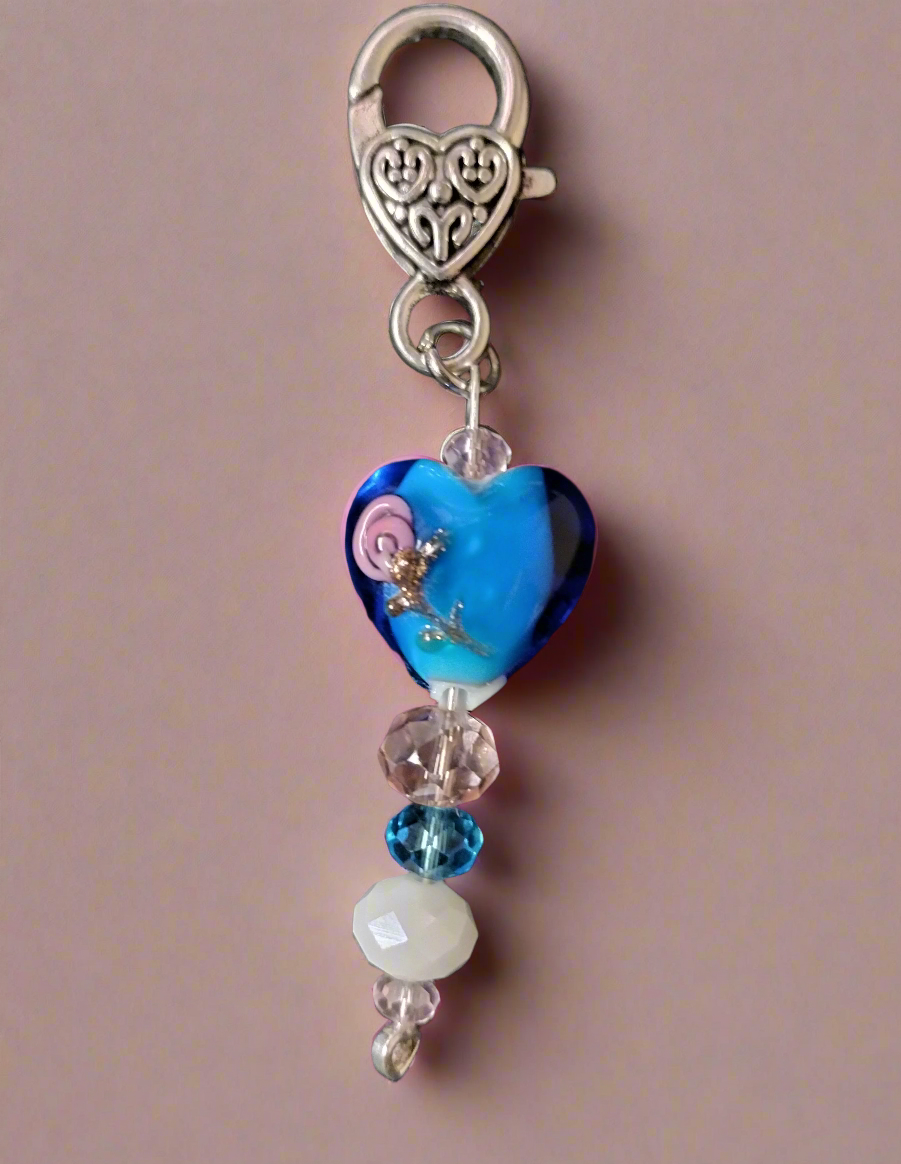 Blue Lampwork Glass Heart Purse/Backpack Charm