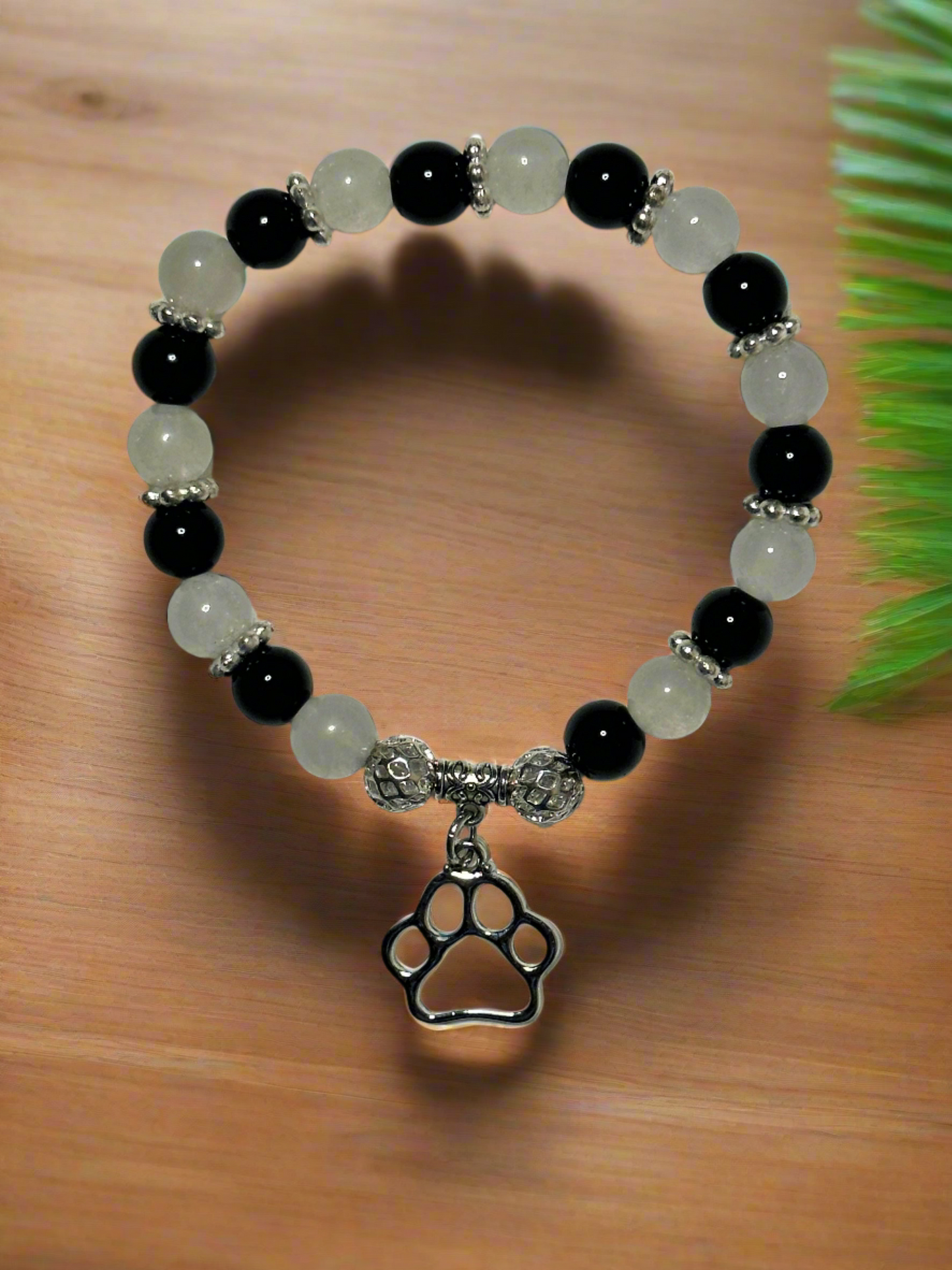 White Quartzite, Black Jasper Bracelet With Paw Print Charm