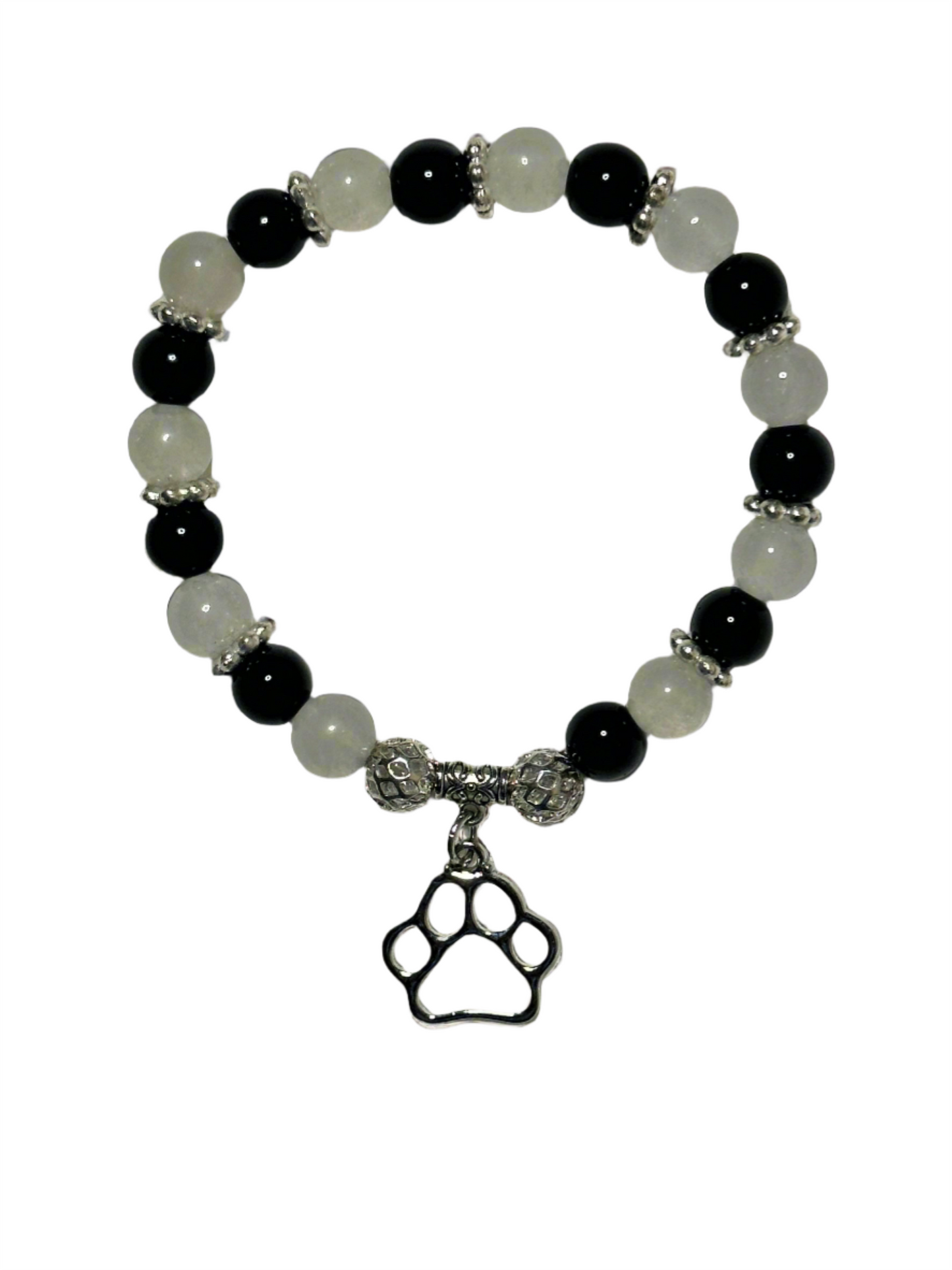 White Quartzite, Black Jasper Bracelet With Paw Print Charm