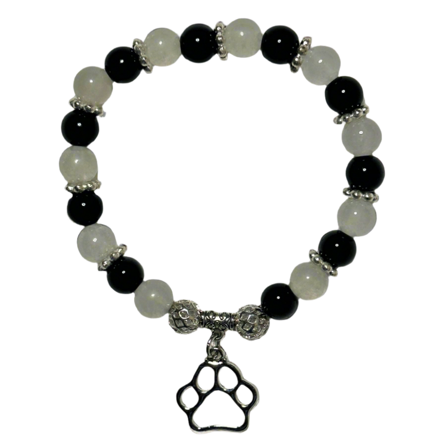 White Quartzite and Black Jasper Bracelet With Paw Print Charm