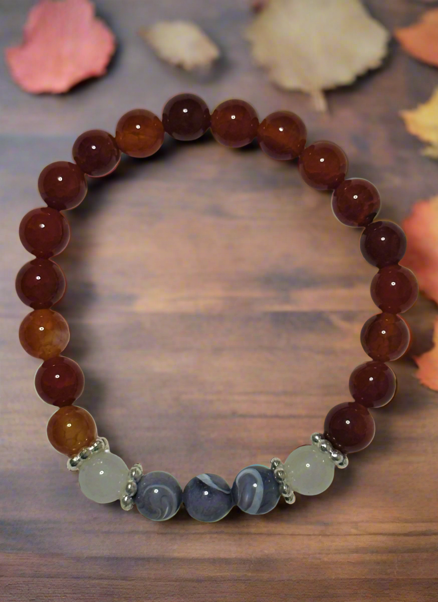 Carnelian, Gray Mother of Pearl and White Quartzite Bracelet