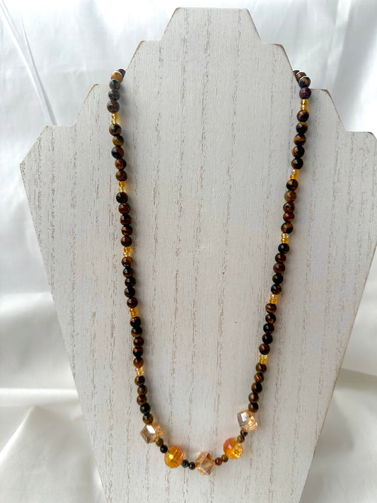 Amber Lampwork Glass and Natural Stone Yellow Tiger Eye Necklace