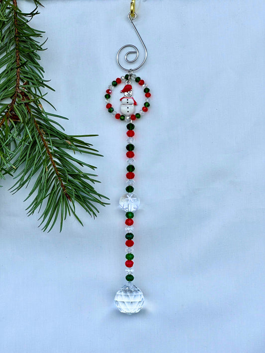 Green, Red and Clear Crystal Christmas Ornament With Snowman Charm
