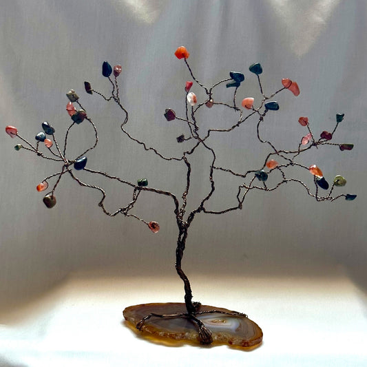 7-Inch Carnelian, Dragon's Blood and Antique Brass Wire Tree Sculpture on Sliced Agate