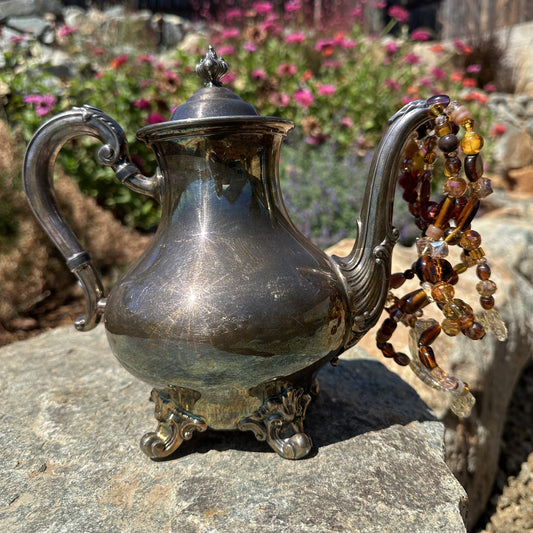 Sterling Silver Crystal Pouring Teapot – Amber & Gold Faceted Glass Cascade