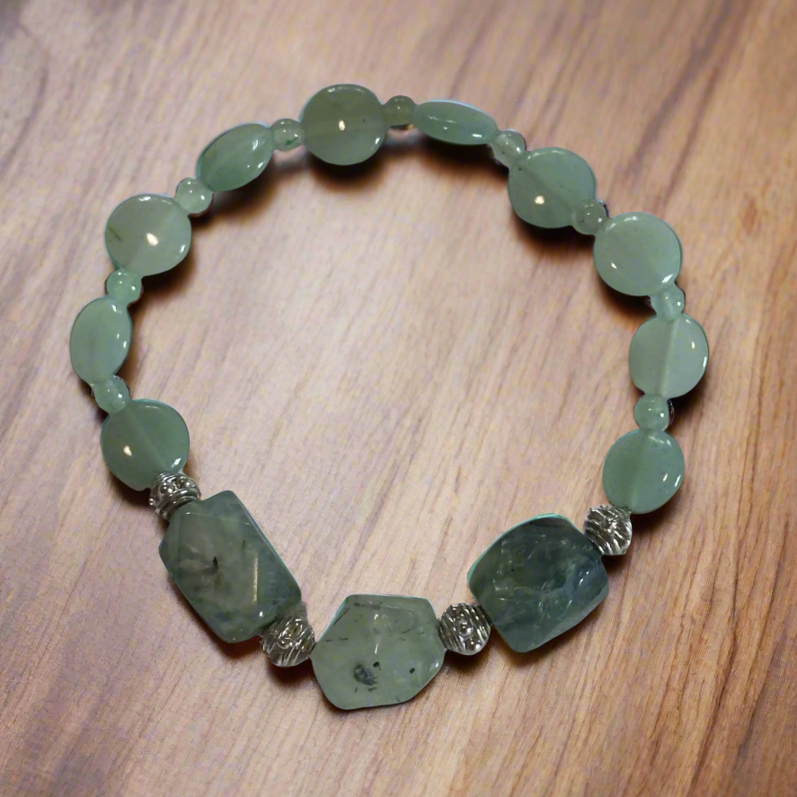 Green Aventurine and Light Green Agate Stretch Bracelet with Silver Accents