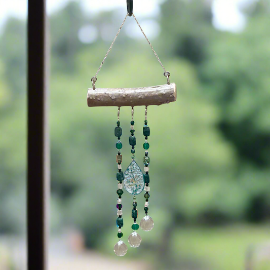 Natural African Turquoise Stone Suncatcher Mobile on Oak