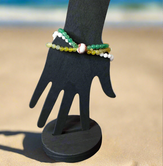 Three Strand Stretch Bracelet with Green Aventurine, Yellow Agate, White Shell and Baseball Center Bead