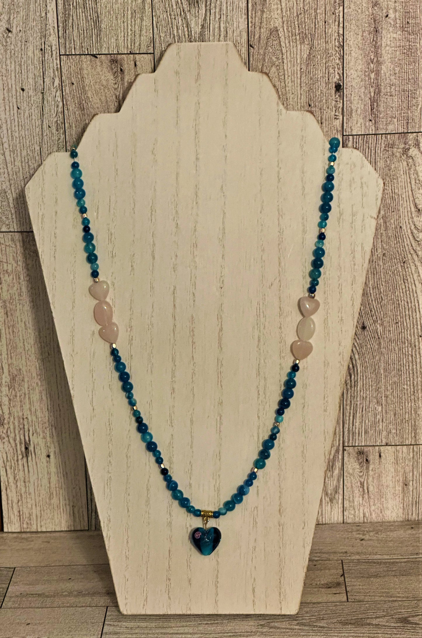Striped Blue Agate and Rose Quartz Hearts Necklace