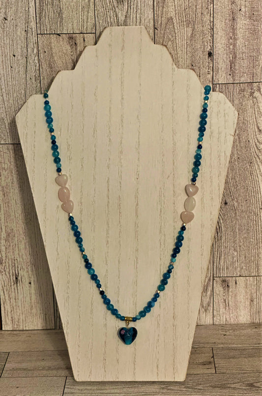 Blue Striped Agate and Rose Quartz Hearts Necklace