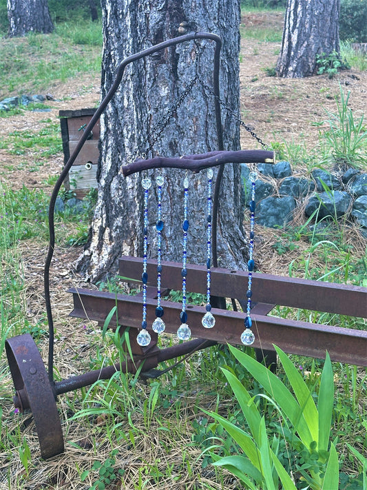 Five String Blue and Gray Suncatcher Mobile on Manzanita Wood
