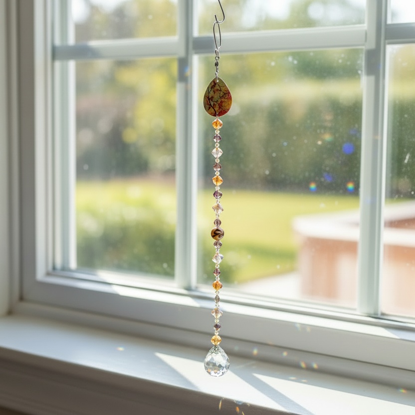 Amber and Lampwork Glass Suncatcher With Teardrop Autumn Topper