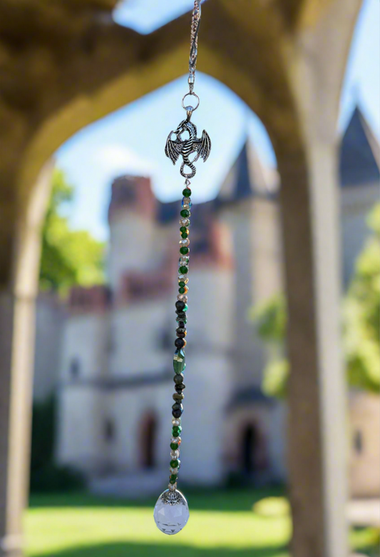 Silver Dragon Suncatcher with Dragon's Blood Natural Stone Beads