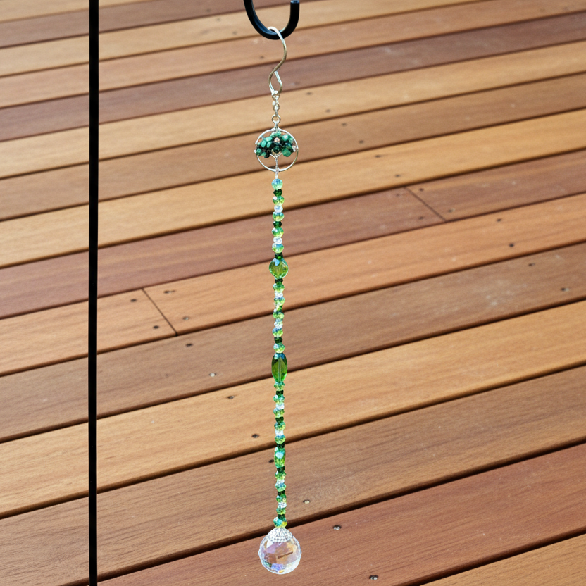 Epidote Tree of Life Suncatcher with Green and Clear Faceted Glass Beads