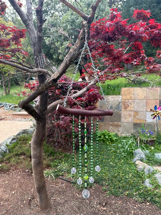 Five String Suncatcher Mobile on Manzanita Wood Featuring Green Glass Lampwork Beads and Multi-Color Green and Yellow Glass Crystal Beads