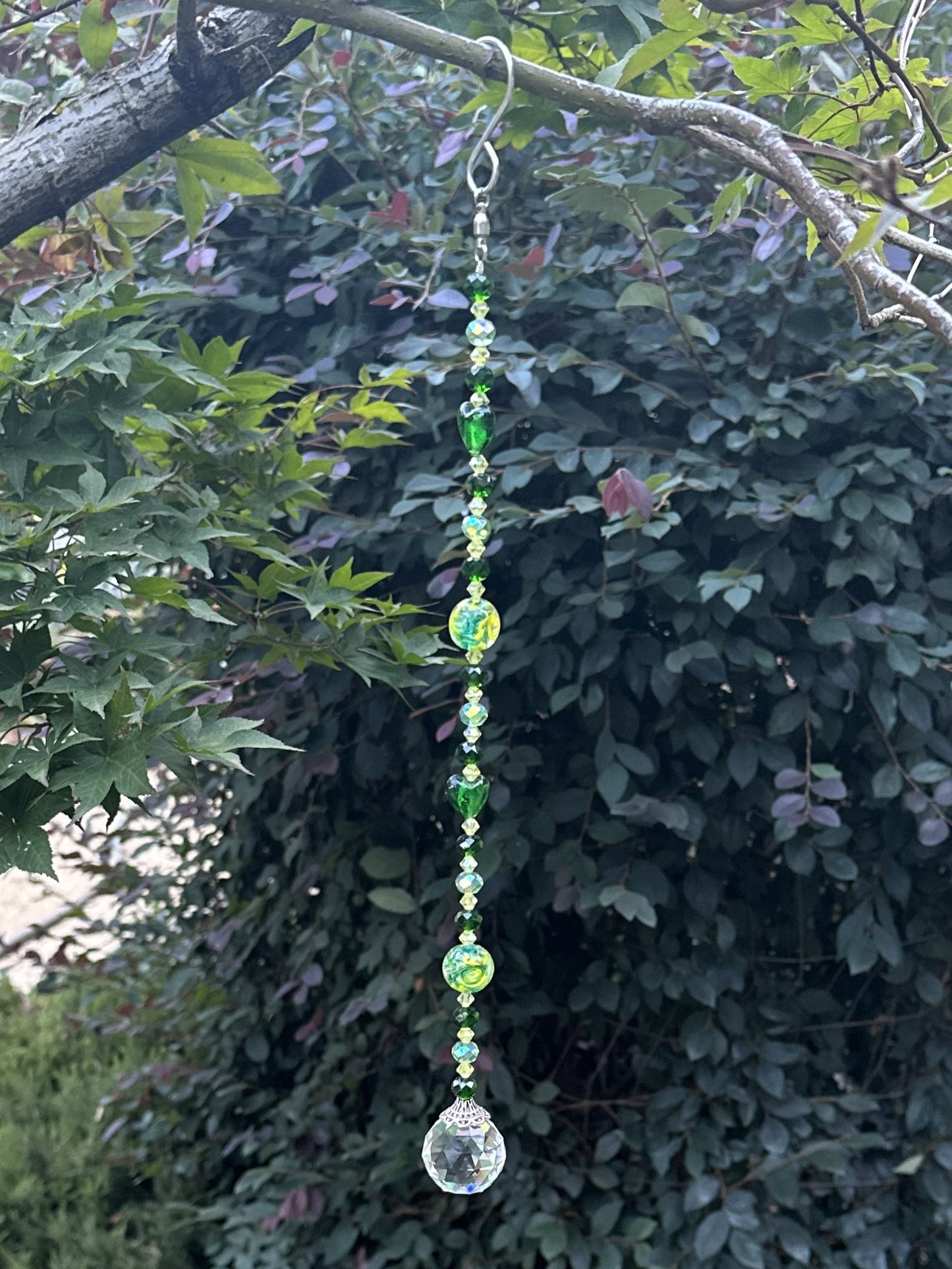 Green and Yellow Faceted Glass Suncatcher with Lampwork Glass Bead Accents