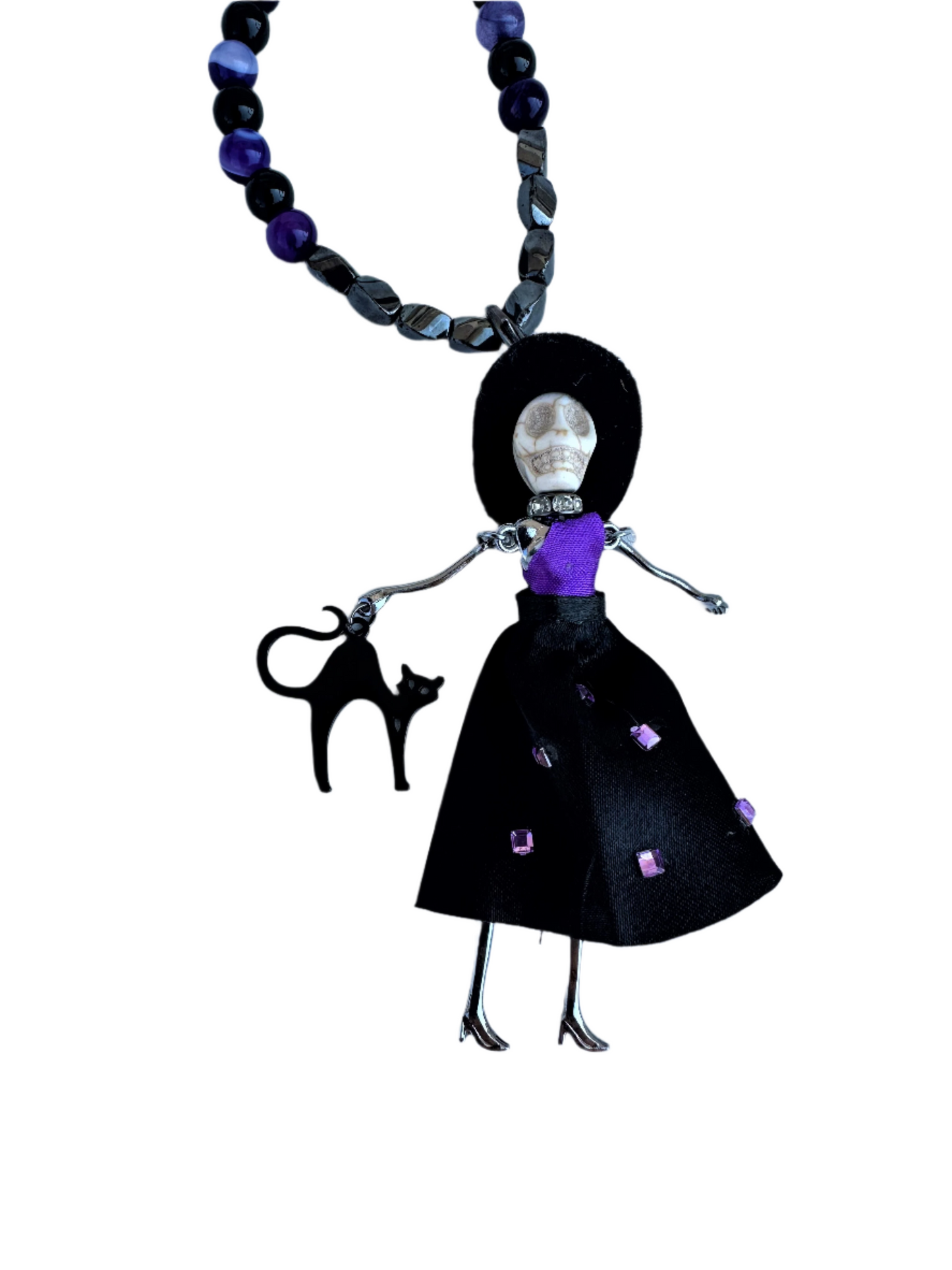 Black Jasper and Purple Agate Natural Stone Halloween-Themed Necklace