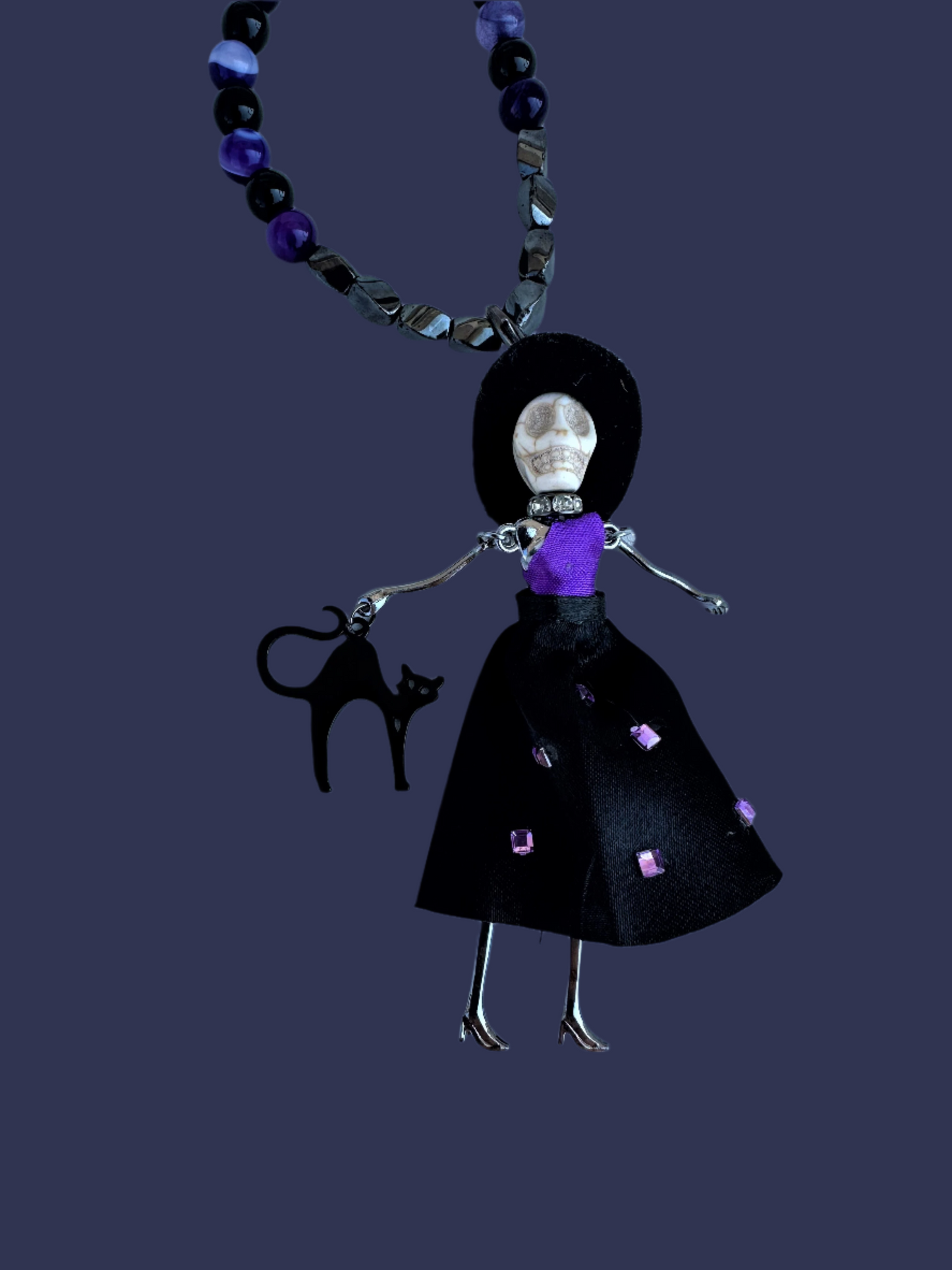 Black Jasper and Purple Agate Natural Stone Halloween-Themed Necklace