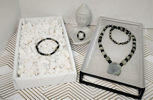 Labradorite and Black Jasper Necklace, Bracelet, and Ring Set