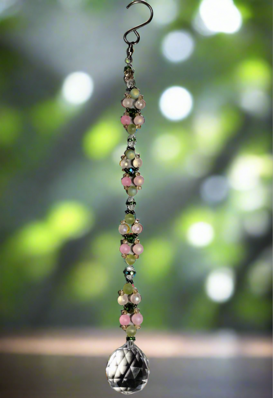 Light Green, Pink and White Glass Beaded Suncatcher