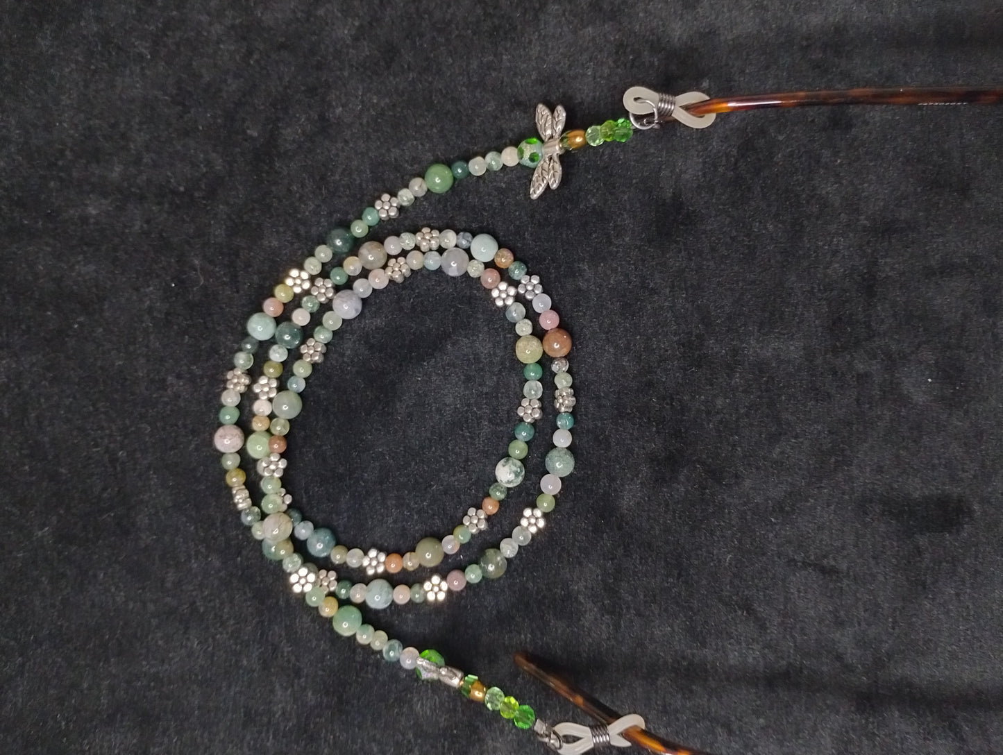 Fancy Jasper Eyeglass Holder Accented with Silver Flowers and Dragonflies