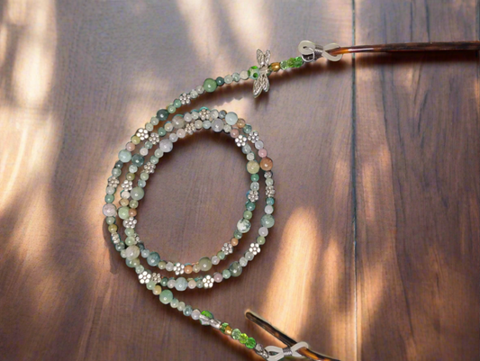 Fancy Jasper Eyeglass Holder Accented with Silver Flowers and Dragonflies