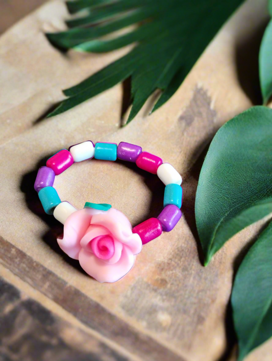 Pink Flower and Reconstituted Turquoise Tube Stretch Ring