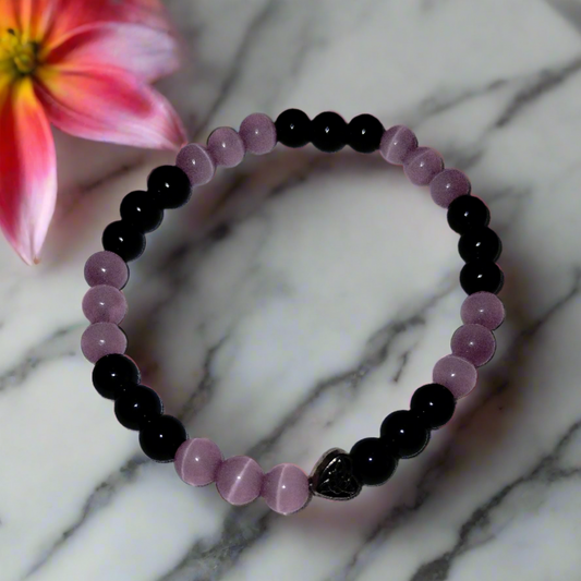 Pink Cat's Eye Black Glass Bead Bracelet