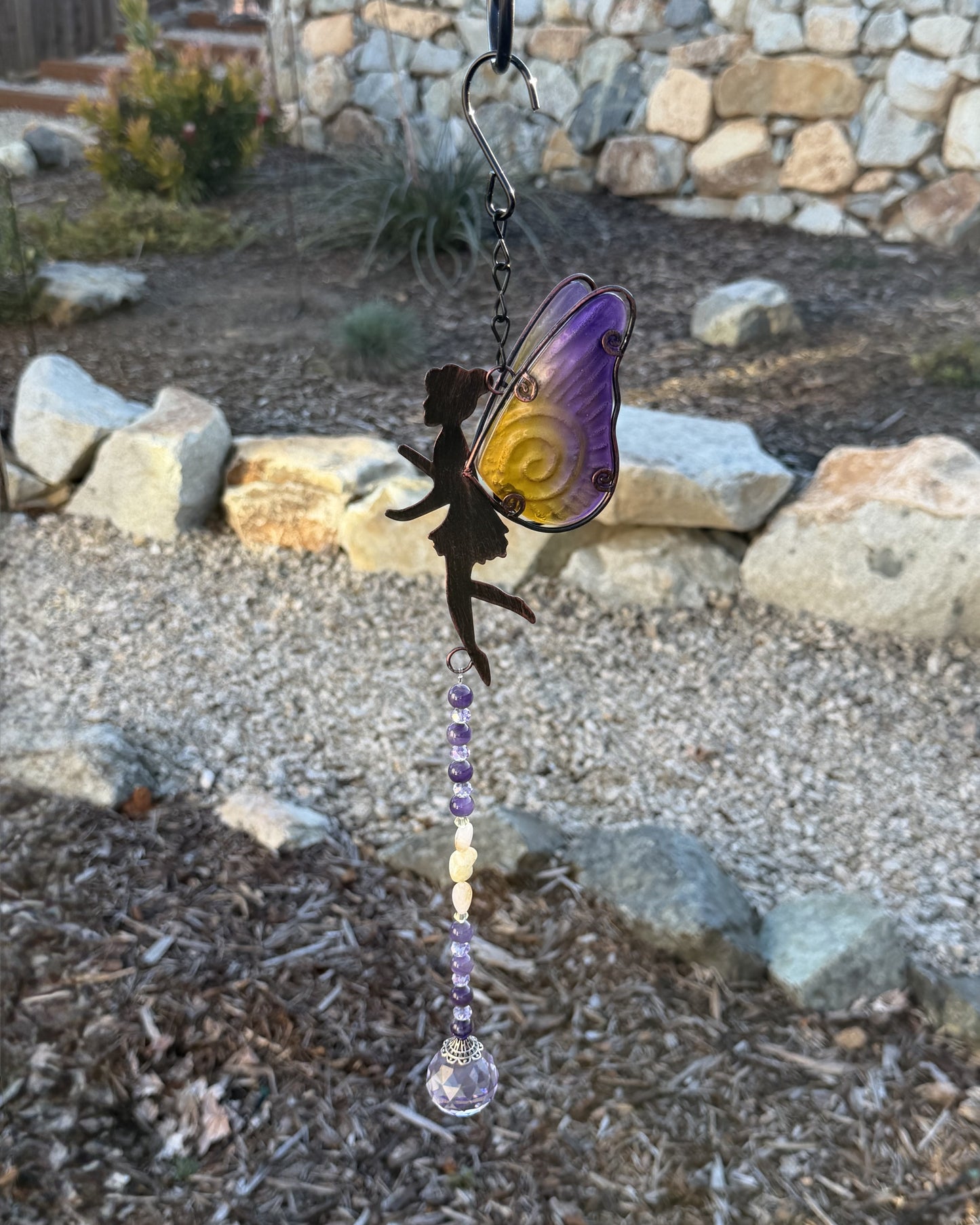 Repurposed Purple and Yellow Fairy Suncatcher with Amethyst and Citrine Natural Stones