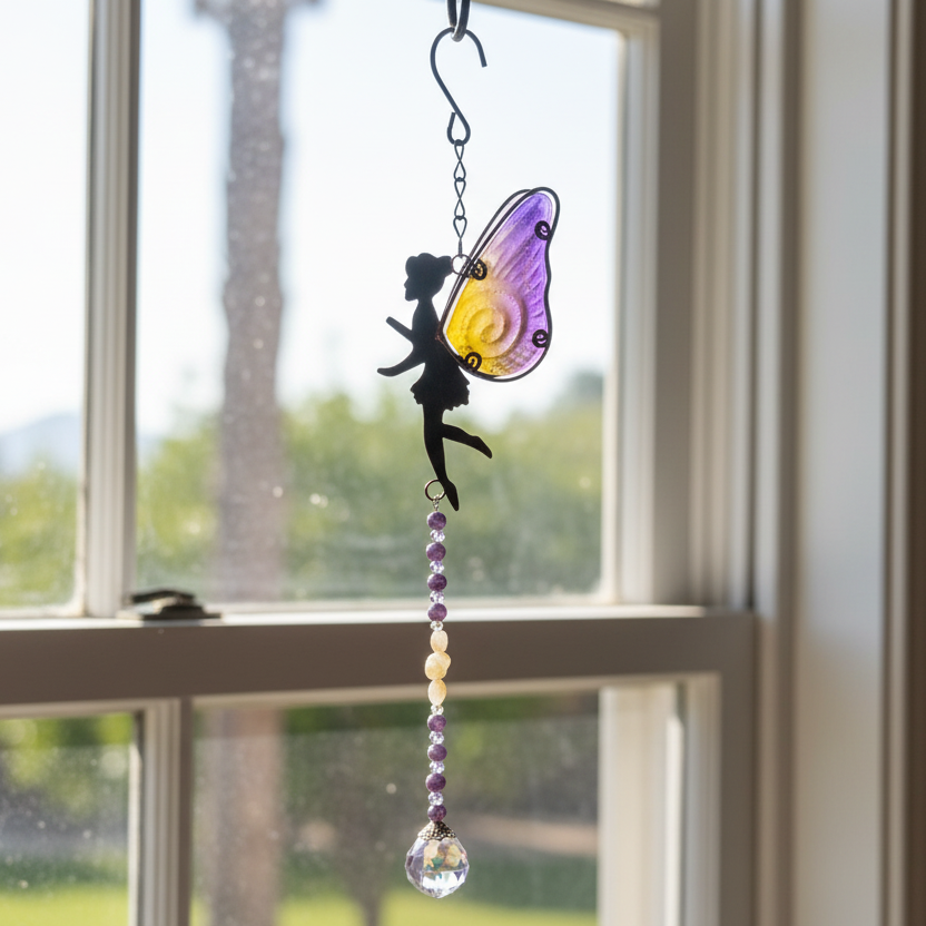 Repurposed Purple and Yellow Fairy Suncatcher with Amethyst and Citrine Natural Stones