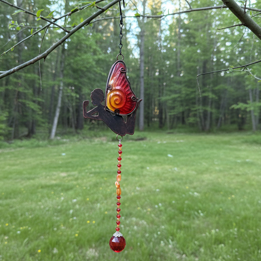 Repurposed Red and Orange Fairy Suncatcher with Carnelian Natural Stones