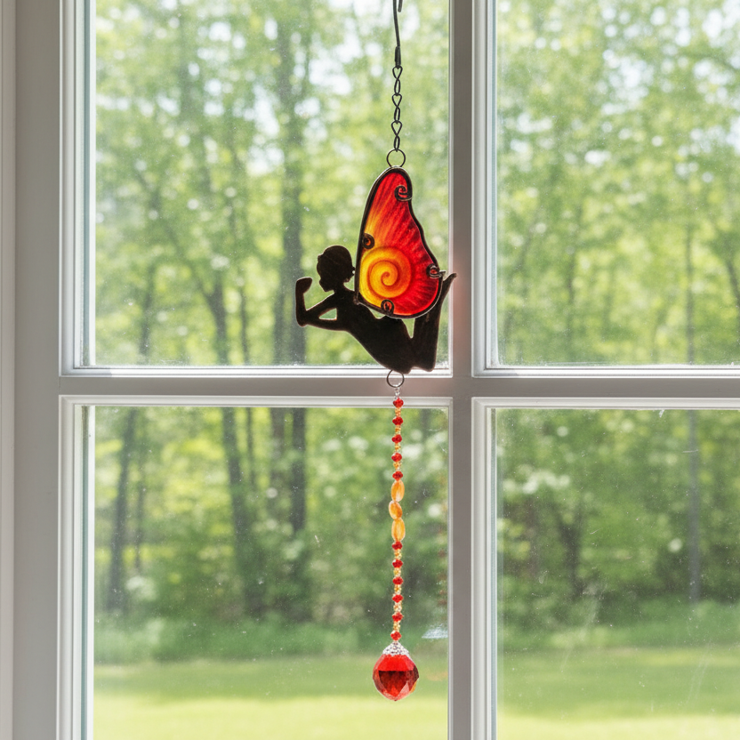 Repurposed Red and Orange Fairy Suncatcher with Carnelian Natural Stones