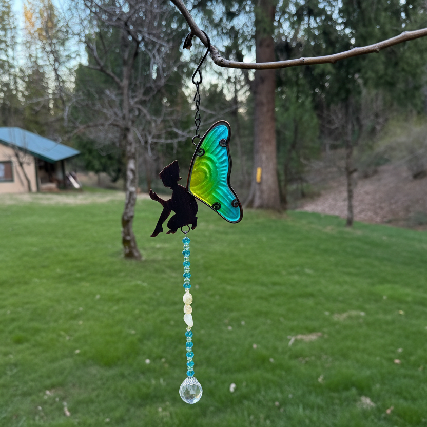 Repurposed Blue and Green Fairy Suncatcher with Citrine Stones