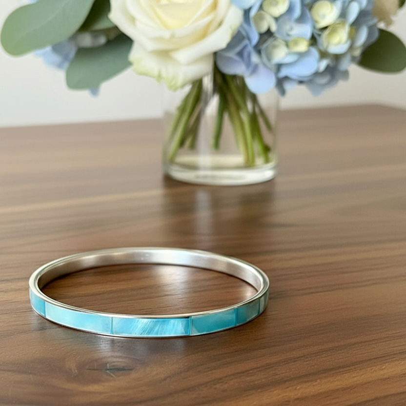 Vintage Blue Mother-of-Pearl and Brass Inlaid Bangle Bracelet