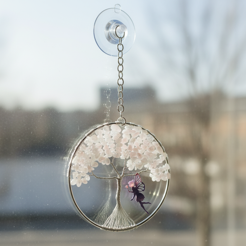 Rose Quartz & Silver Tree of Life – 4-Inch Wall or Window Hanging