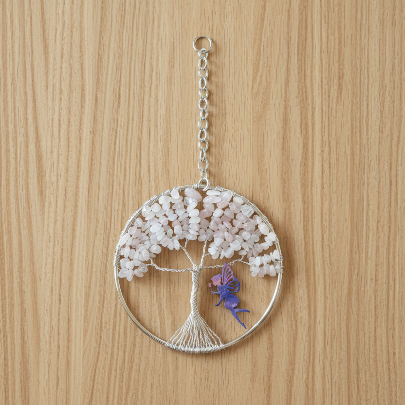 Rose Quartz & Silver Tree of Life – 4-Inch Wall or Window Hanging