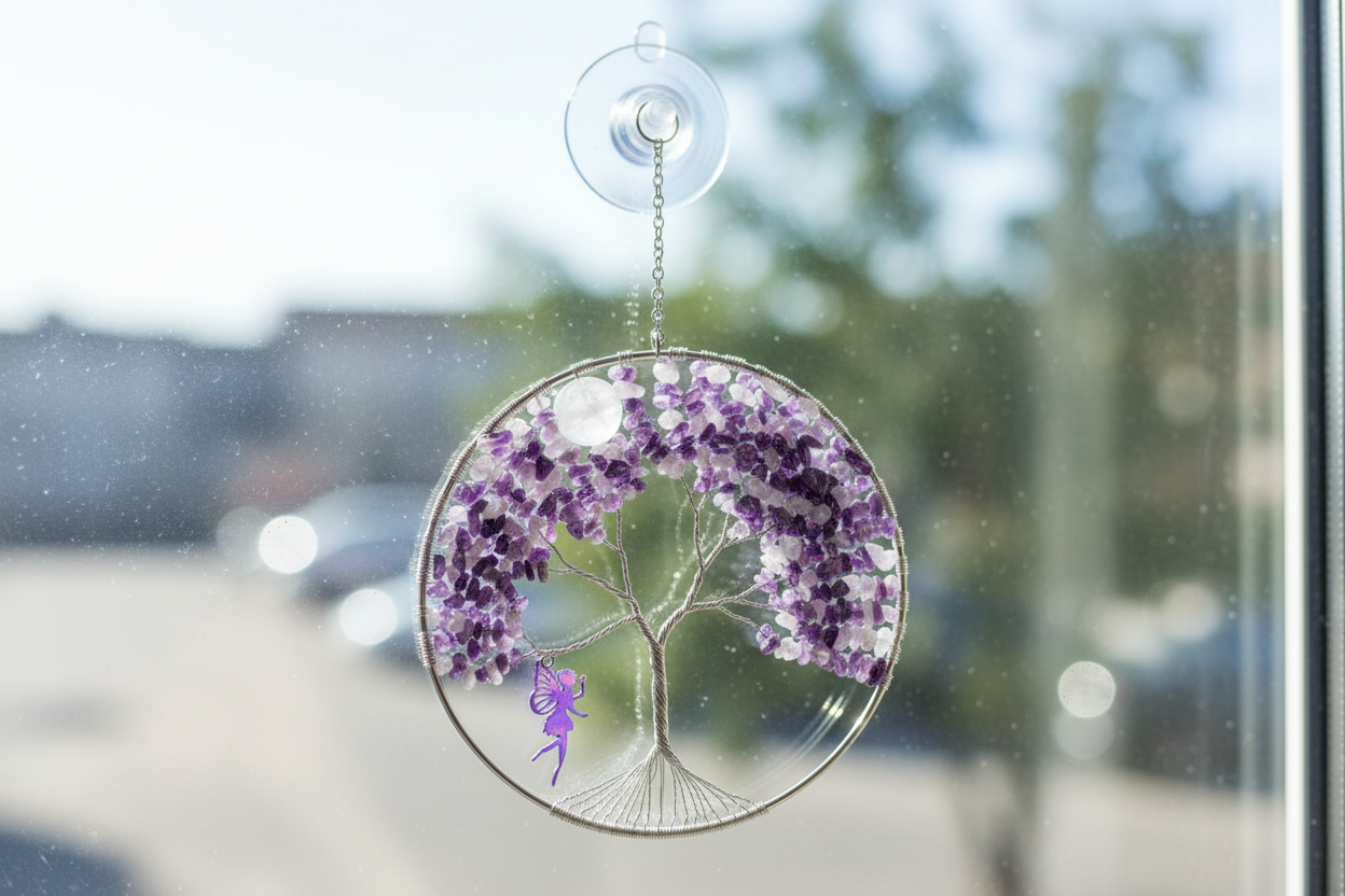 Amethyst, Rose Quartz, White Quartz and Silver Tree of Life – 6-Inch Window/Wall Hanging