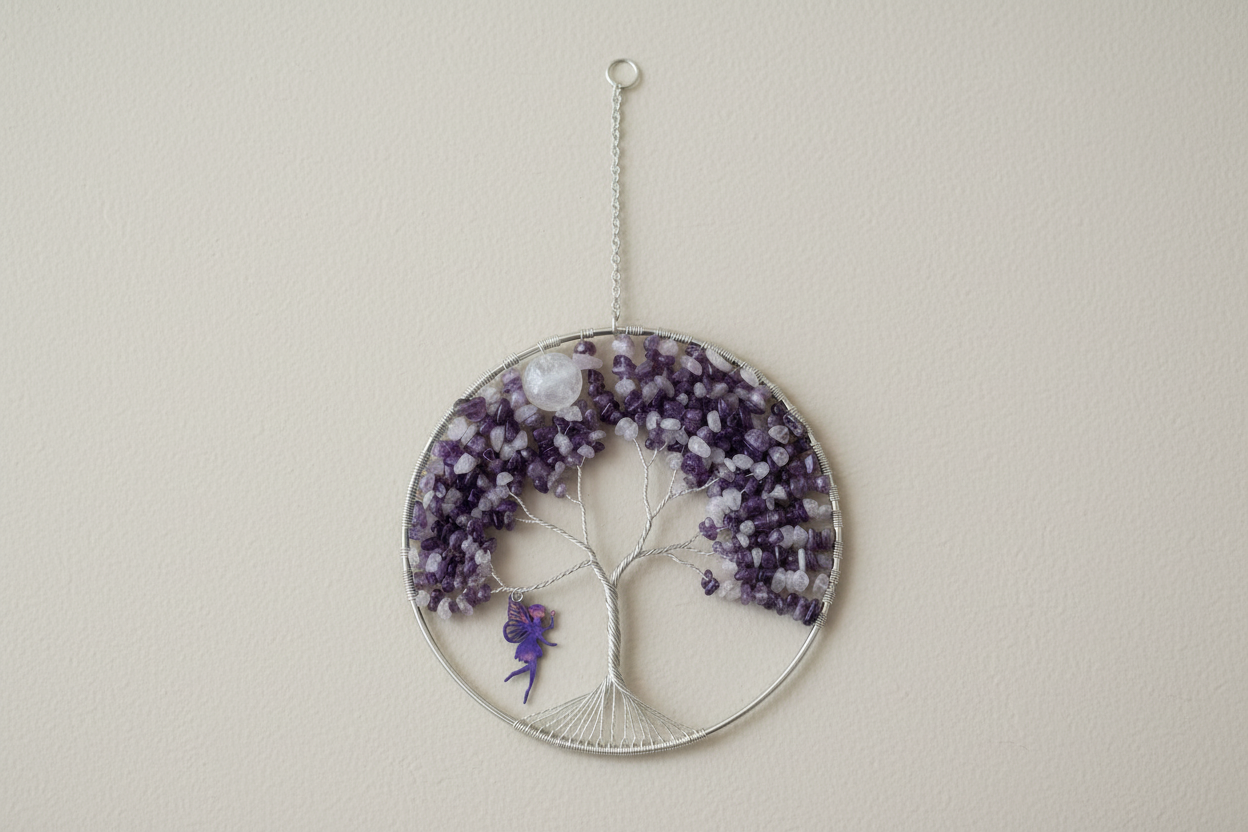 Amethyst, Rose Quartz, White Quartz and Silver Tree of Life – 6-Inch Window/Wall Hanging