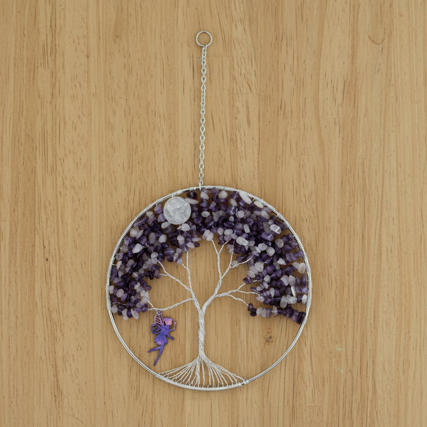 Amethyst, Rose Quartz, White Quartz and Silver Tree of Life – 6-Inch Window/Wall Hanging