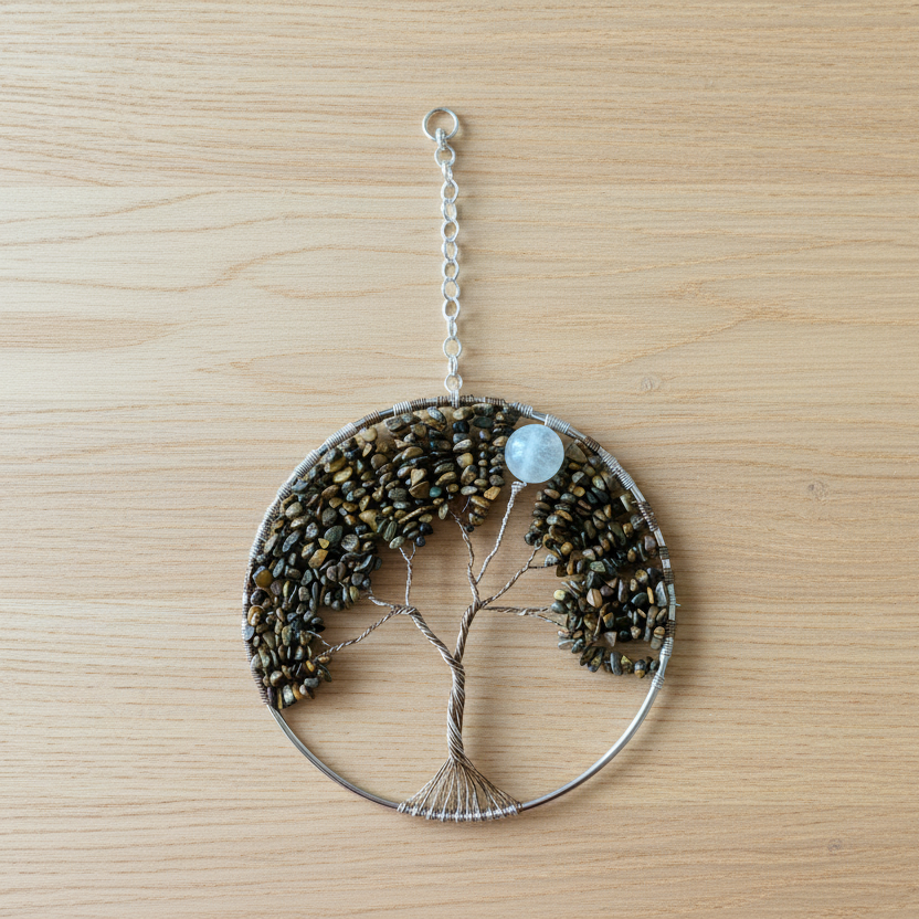 Yellow Tiger’s Eye & Silver, Gold, Antique Brass Tree of Life – 6-Inch Wall or Window Hanging