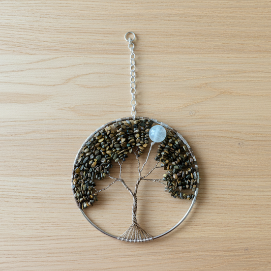 Yellow Tiger’s Eye & Silver, Gold, Antique Brass Tree of Life – 6-Inch Wall or Window Hanging