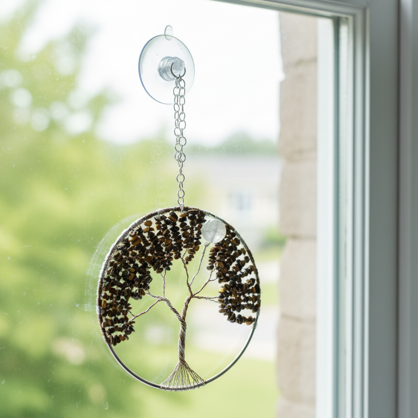 Yellow Tiger’s Eye & Silver, Gold, Antique Brass Tree of Life – 6-Inch Wall or Window Hanging