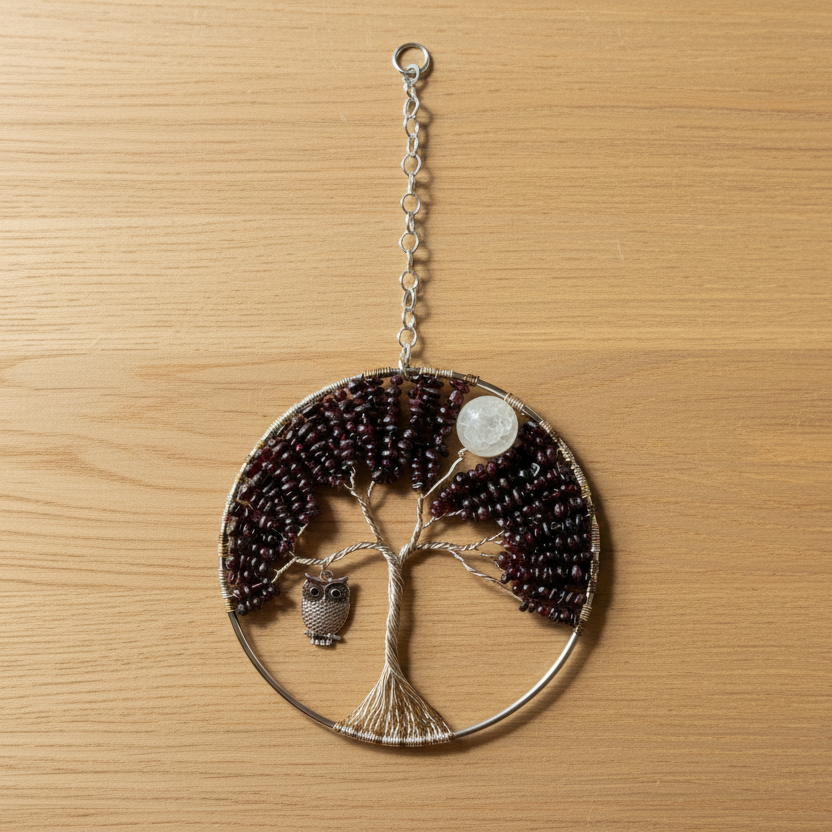 Garnet, Quartz, Silver, Gold & Antique Brass Tree of Life - 5-Inch Window/Wall Hanging