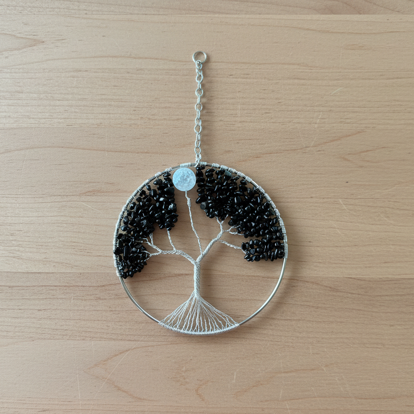 Black Jasper, White Quartz & Silver Tree of Life - 6-Inch Window/Wall Hanging