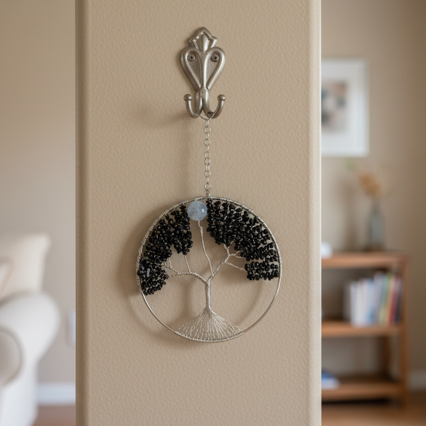 Black Jasper, White Quartz & Silver Tree of Life - 6-Inch Window/Wall Hanging