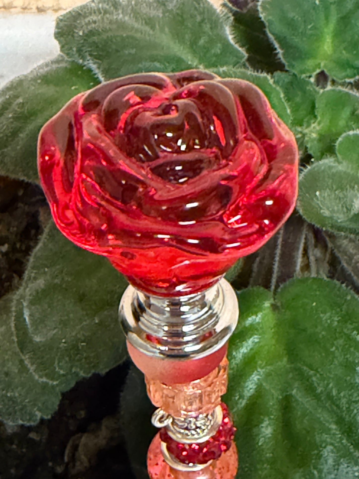 Red Fairy Wand Garden Stake with Crystal Rose