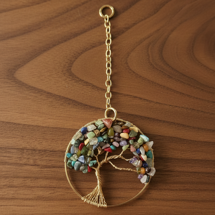 Mixed Gemstone & Gold Tree of Life – 3-Inch Window/Wall Hanging
