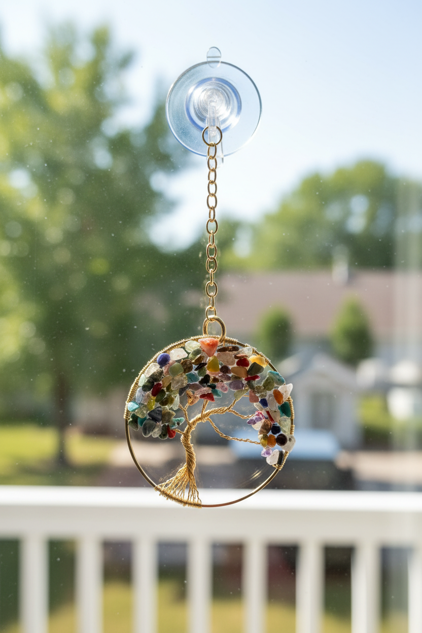 Mixed Gemstone & Gold Tree of Life – 3-Inch Window/Wall Hanging
