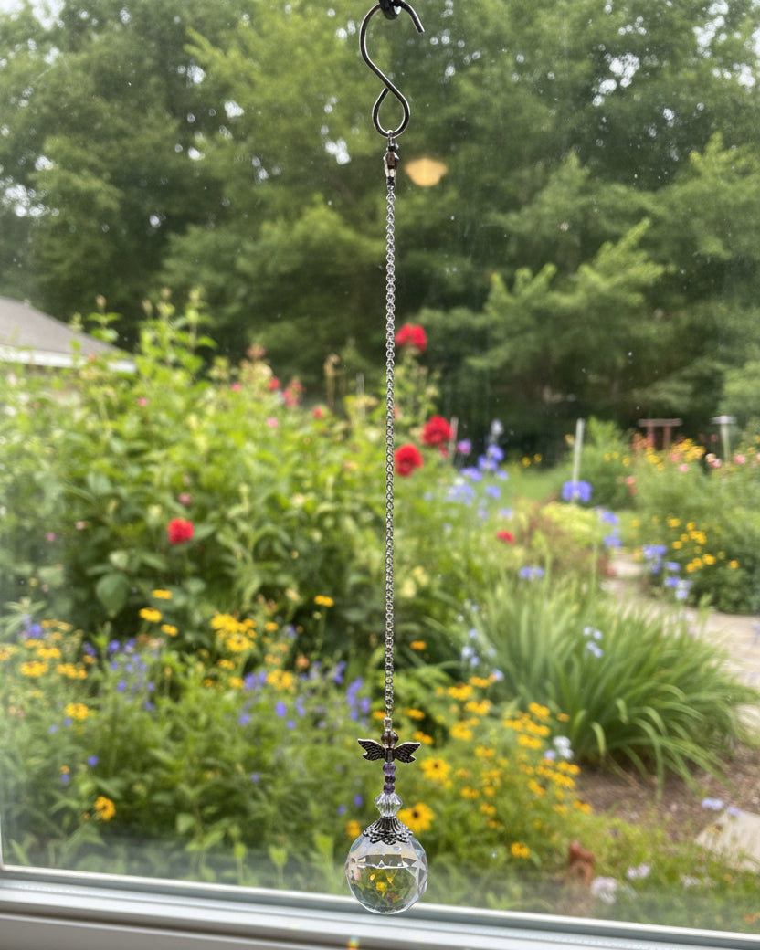 Amethyst Dragonfly Suncatcher on Silver Chain with Crystal Prism