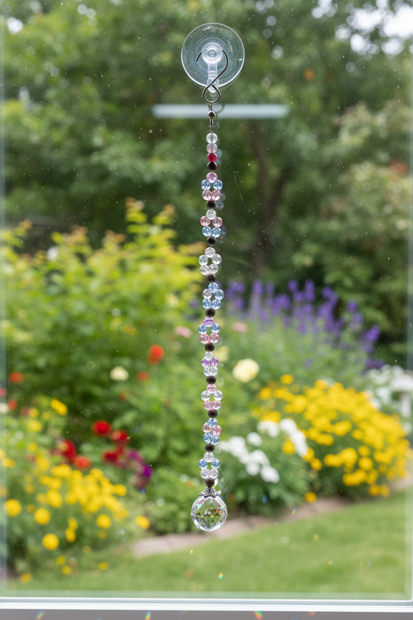 Clear, Blue, and Pink Glass Suncatcher With Cherry Quartz Accents